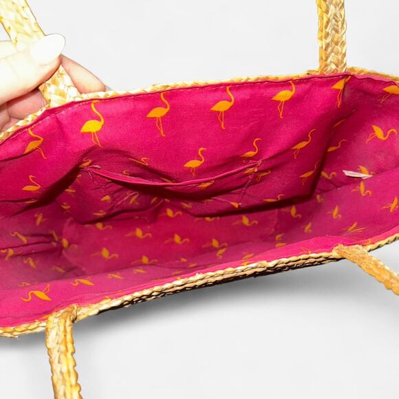 Tan Woven Straw Beach Bag Tote with Pink Flamingo Interior Lining - Picture 3 of 7